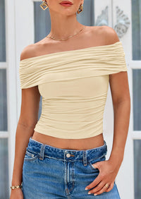 Off The Shoulder Short Sleeve Ruched Slim Fit Y2K Going Out Blouses