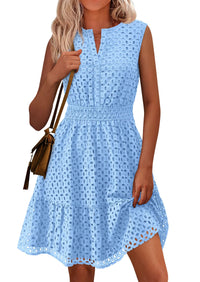 Sleeveless V Neck Eyelet Hollow Out Swing A Line Beach Vacation Dresses
