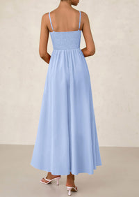 Smocked Beach Casual Spaghetti Strap Swing A Line Flowy Maxi Dresses