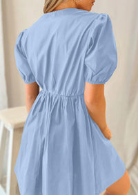 Casual Short Sleeve A Line Bow Tie Front Babydoll Loose Mini Dresses with Pockets
