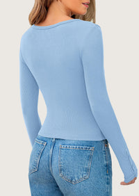 Long Sleeve Henley Ribbed Knit Button Up Slim Fitted Basic Casual T-shirts