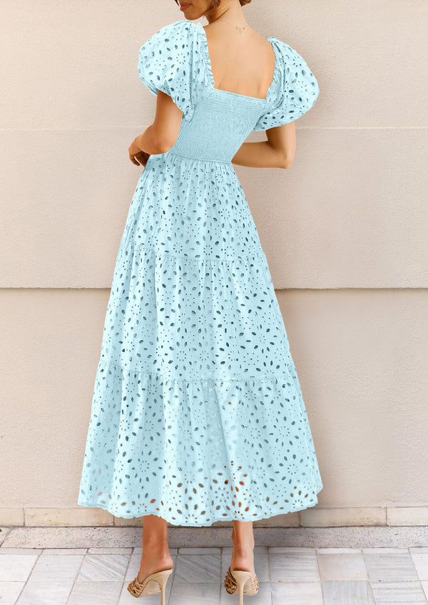 Eyelet Square Neck Puff Sleeve Smocked Maxi Dress with Pockets