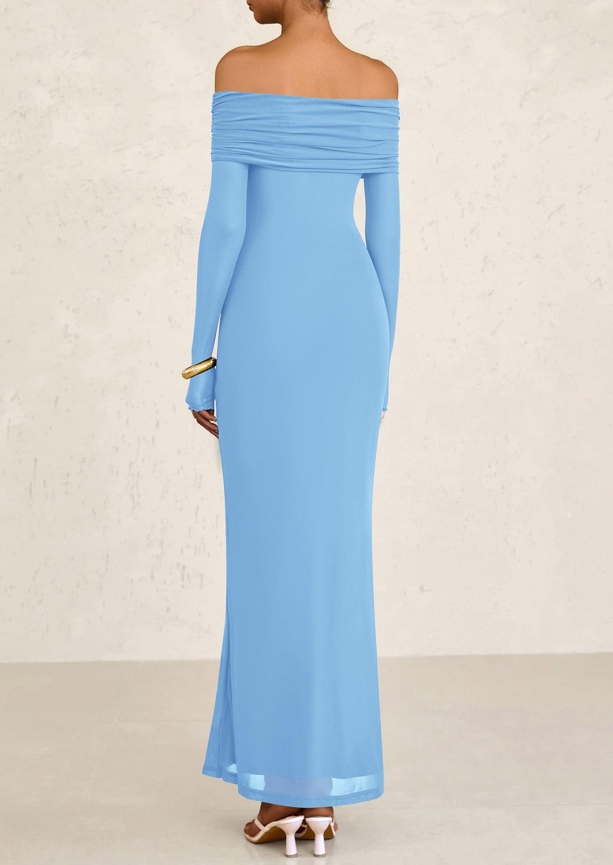 Off The Shoulder Bodycon Long Sleeve Mesh Maxi Dress