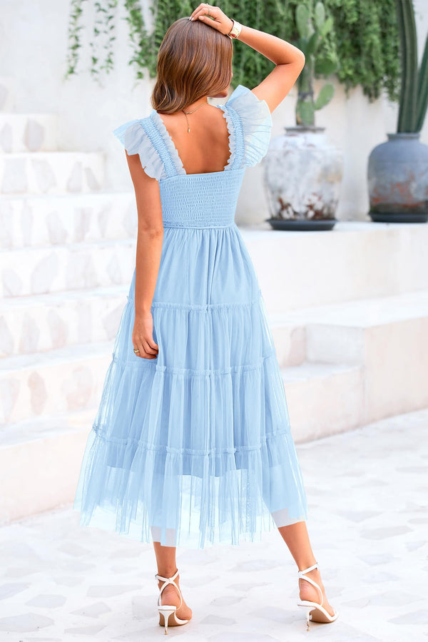 Casual Sleeveless Smocked Ruffle Tulle Flowy Beach Sundress