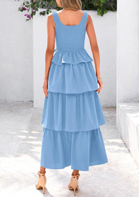 Sleeveless Scoop Neck Smocked A Line Tiered Beach Midi Dress