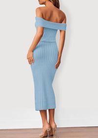Off The Shoulder Elegant Ribbed Knit Bodycon Wedding Guest Sweater Midi Dresses