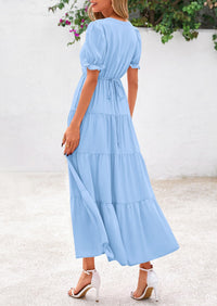 Casual Short Sleeve V Neck Tiered Flowy Beach Vacation Maxi Dress with Pockets