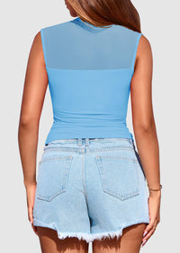 Sheer Mesh Casual Sleeveless Mock Neck Ruched Slim Fitted Tank Tops