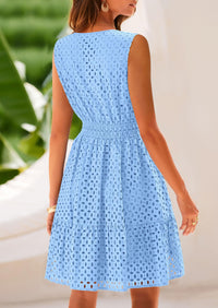 Sleeveless V Neck Eyelet Hollow Out Swing A Line Beach Vacation Dresses