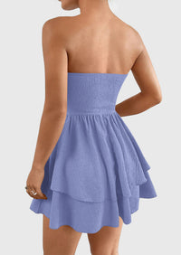 Strapless Tube  Off Shoulder Smocked Ruffle A Line Mini Dress
