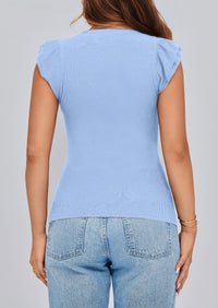 V Neck Ruffle Sleeveless Slim Fit Casual T-shirts