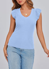 V Neck Ruffle Sleeveless Slim Fit Casual T-shirts