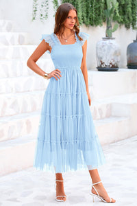 Casual Sleeveless Smocked Ruffle Tulle Flowy Beach Sundress