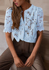 PRETTYGARDEN Womens Spring Lace Tops Short Puff Sleeve Casual Dressy Blouses Eyelet Crew Neck Button Down Shirts
