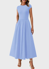 Casual Cap Sleeve Patchwork A Line Flowy Elegant Homecoming Maxi Dress