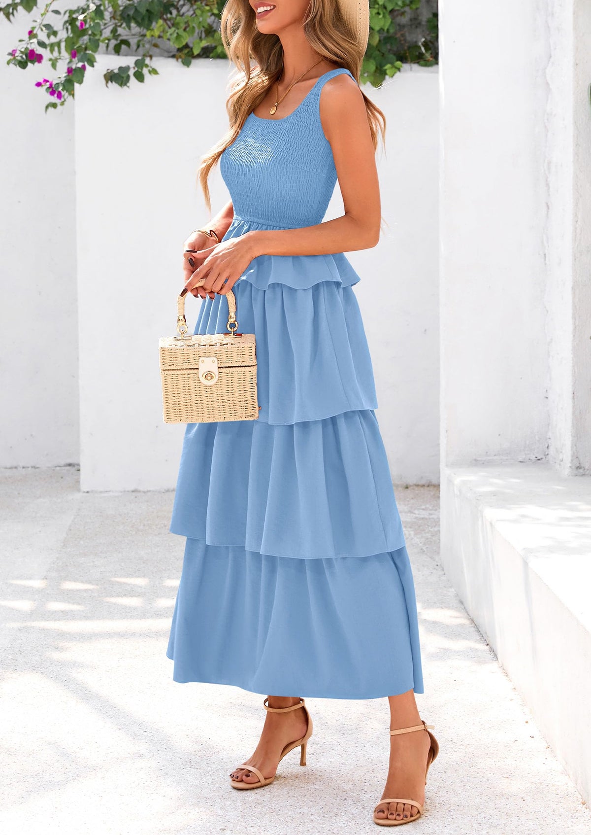 Sleeveless Scoop Neck Smocked A Line Tiered Beach Midi Dress