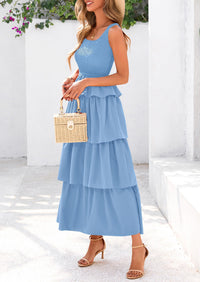 Sleeveless Scoop Neck Smocked A Line Tiered Beach Midi Dress