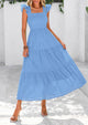 Square Neck Cap Sleeve Eyelet Smocked Tiered A Line Maxi Dresses with Pockets