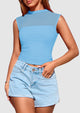 Sheer Mesh Casual Sleeveless Mock Neck Ruched Slim Fitted Tank Tops