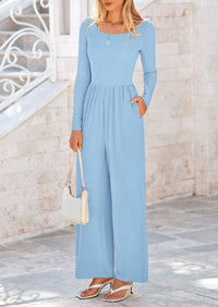 Solid Color Casual Long Sleeve Wide Leg Pants Jumpsuits