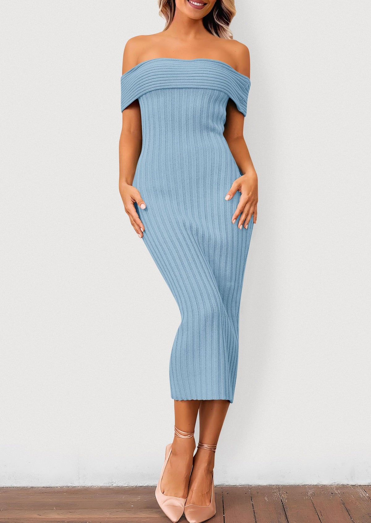 Off The Shoulder Elegant Ribbed Knit Bodycon Wedding Guest Sweater Midi Dresses