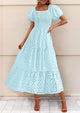 Eyelet Square Neck Puff Sleeve Smocked Maxi Dress with Pockets