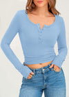 PRETTYGARDEN Women's Summer Long Sleeve Henley T Shirts Ribbed Knit Button Slim Fitted Basic Casual Going Out Fall Tops