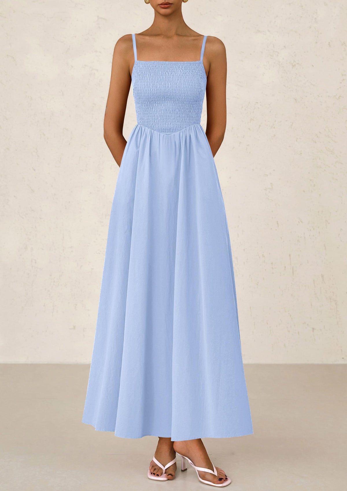 Smocked Beach Casual Spaghetti Strap Swing A Line Flowy Maxi Dresses