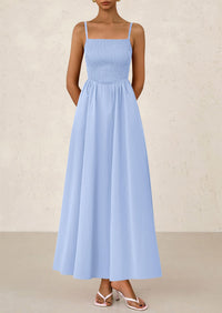 Smocked Beach Casual Spaghetti Strap Swing A Line Flowy Maxi Dresses