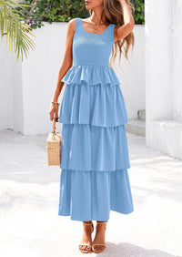 Sleeveless Scoop Neck Smocked A Line Tiered Beach Midi Dress