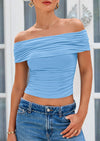 PRETTYGARDEN Summer Tops for Women Off Shoulder Short Sleeve Ruched Slim Fit Shirts Blouses Y2K Going Out Top