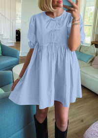 Casual Short Sleeve A Line Bow Tie Front Babydoll Loose Mini Dresses with Pockets