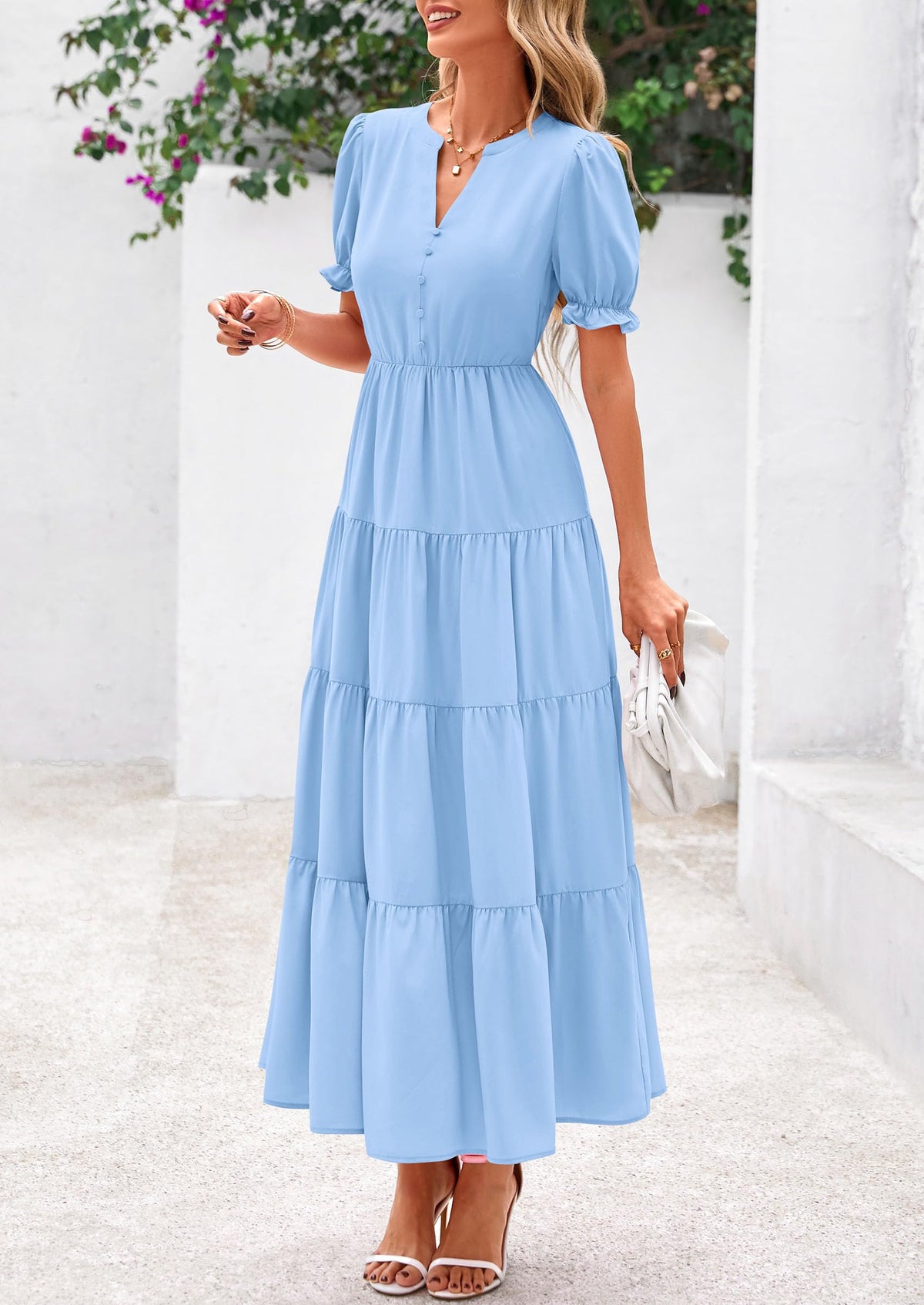 Casual Short Sleeve V Neck Tiered Flowy Beach Vacation Maxi Dress with Pockets