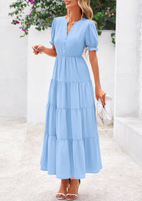 Casual Short Sleeve V Neck Tiered Flowy Beach Vacation Maxi Dress with Pockets