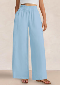 Casual Elastic Waist Loose Flowy Palazzo Pants Trousers with Pockets