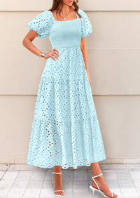 Eyelet Square Neck Puff Sleeve Smocked Maxi Dress with Pockets