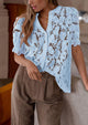 Lace Puff Sleeve Casual Dressy Eyelet Crew Neck Button Down Blouses