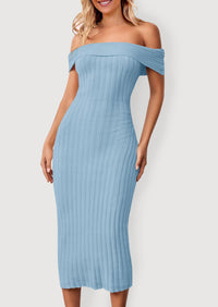 Off The Shoulder Elegant Ribbed Knit Bodycon Wedding Guest Sweater Midi Dresses