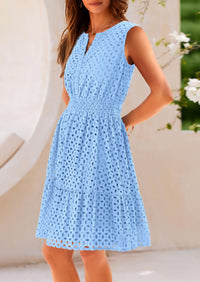 Sleeveless V Neck Eyelet Hollow Out Swing A Line Beach Vacation Dresses