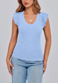V Neck Ruffle Sleeveless Slim Fit Casual T-shirts