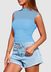 Sheer Mesh Casual Sleeveless Mock Neck Ruched Slim Fitted Tank Tops