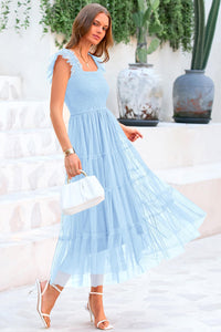 Casual Sleeveless Smocked Ruffle Tulle Flowy Beach Sundress