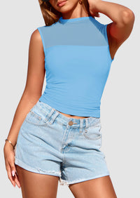Sheer Mesh Casual Sleeveless Mock Neck Ruched Slim Fitted Tank Tops
