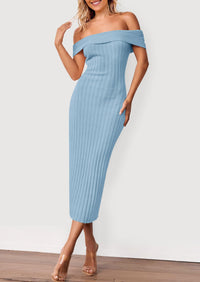 Off The Shoulder Elegant Ribbed Knit Bodycon Wedding Guest Sweater Midi Dresses