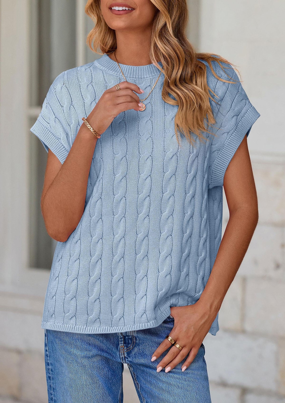 Casual Short Sleeve Crew Neck Knit Pullover Trendy Spring Outfits Sweater Vest