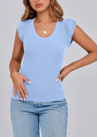 V Neck Ruffle Sleeveless Slim Fit Casual T-shirts