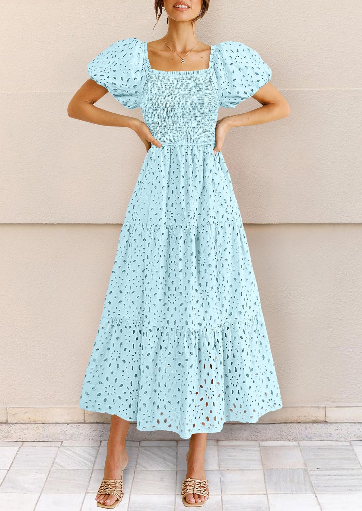 Eyelet Square Neck Puff Sleeve Smocked Maxi Dress with Pockets
