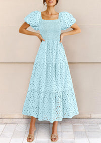 Eyelet Square Neck Puff Sleeve Smocked Maxi Dress with Pockets