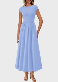 Casual Cap Sleeve Patchwork A Line Flowy Elegant Homecoming Maxi Dress