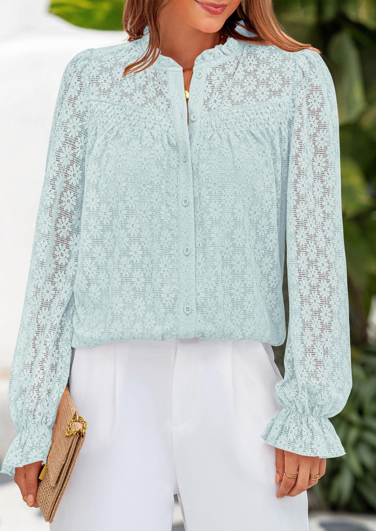 Eyelet Long Sleeve Casual Hollow Out Button Up Lace Blouse